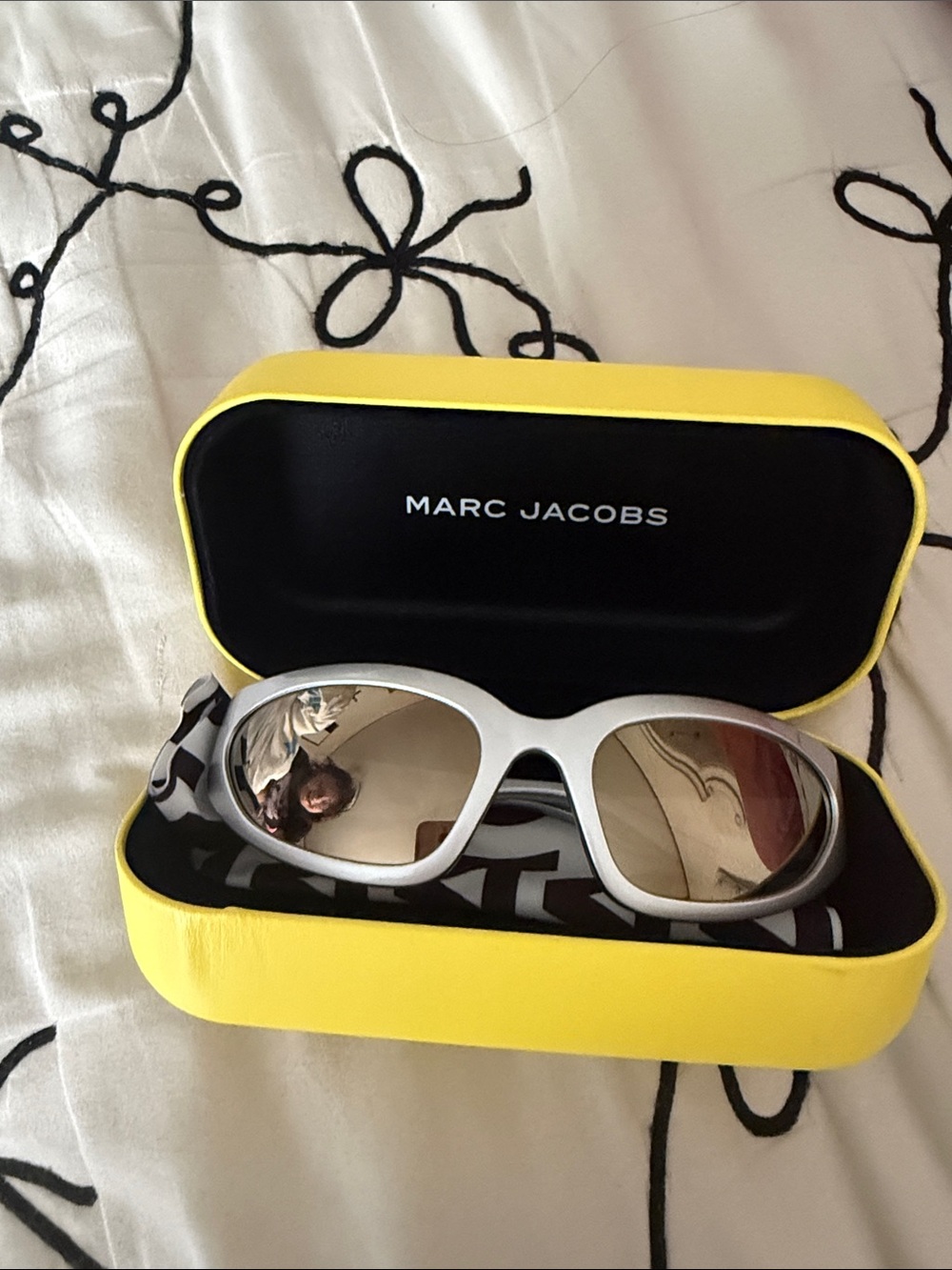 Marc Jacobs Silver Sunglasses with Yellow Case and Mirrored Lenses